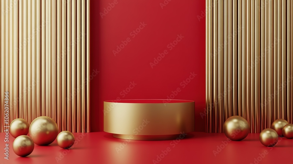 Creative Abstract Marketing Background Featuring 3D Rendered Red Background with Golden Geometric Shapes, Showcasing a Podium for Product Display in a Minimalist Style. The Design Includes Golden Circ Creative Abstract Marketing Background Featuring 3D Rendered Red Background with Golden Geometric Shapes, Showcasing a Podium for Product Display in a Minimalist Style. The Design Includes Golden Circ