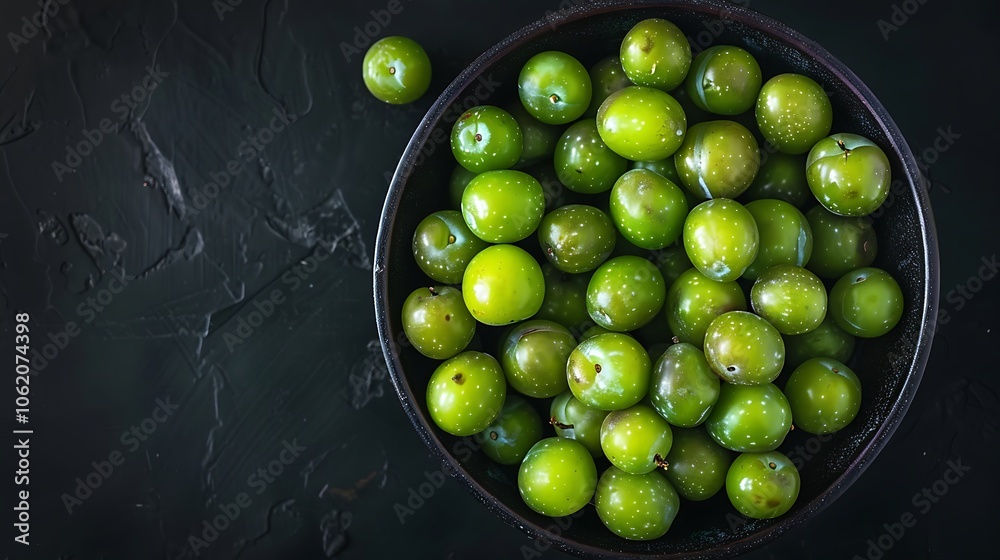 Fresh green plums in a bowl on a dark background, top view Fresh green plums in a bowl on a dark background, top view