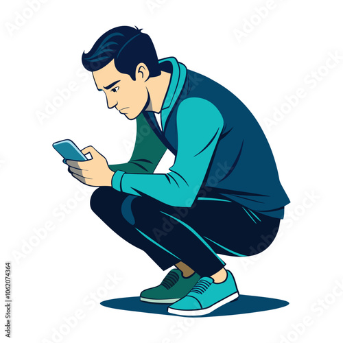 portrait of a guy who is squatting with a phone