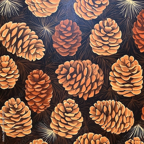 Cozy Cabin Inspired Handmade Pine Cone Folk Art Pattern with Whimsical Acrylic Textures and Earthy Tones photo