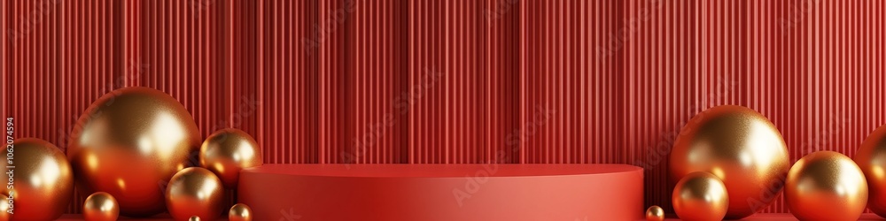 Creative Abstract Marketing Background Featuring 3D Rendered Red Background with Golden Geometric Shapes, Showcasing a Podium for Product Display in a Minimalist Style. The Design Includes Golden Circ Creative Abstract Marketing Background Featuring 3D Rendered Red Background with Golden Geometric Shapes, Showcasing a Podium for Product Display in a Minimalist Style. The Design Includes Golden Circ