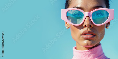 Portrait of a beautiful young woman wearing cat-eye glasses with thick pink frames on light blue background.  AI generative. photo