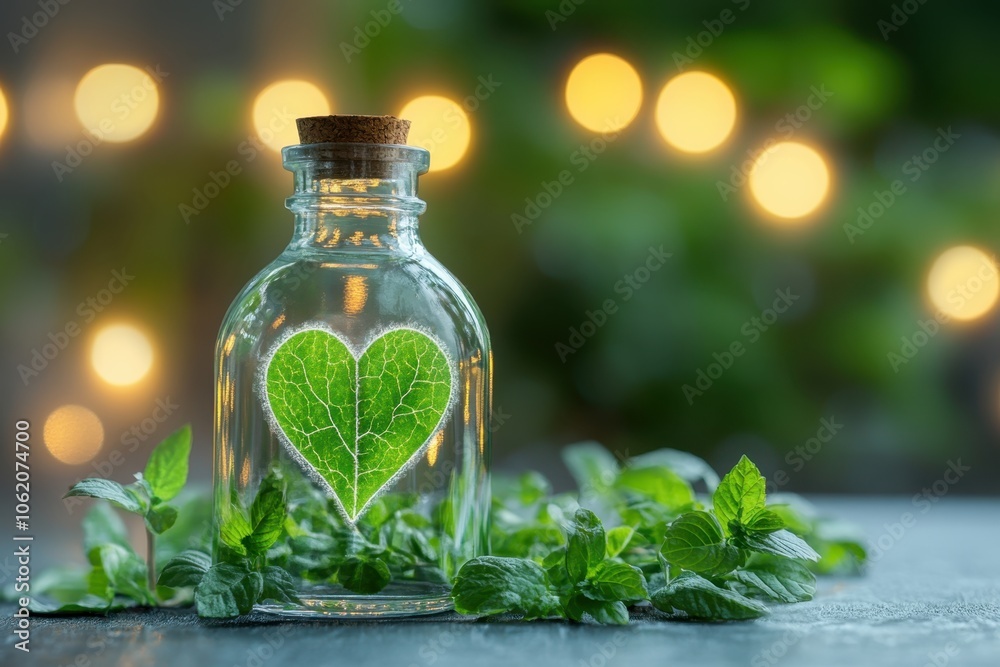 Glass bottle with heart-shaped leaf inside, surrounded by fresh mint leaves and soft lights Glass bottle with heart-shaped leaf inside, surrounded by fresh mint leaves and soft lights