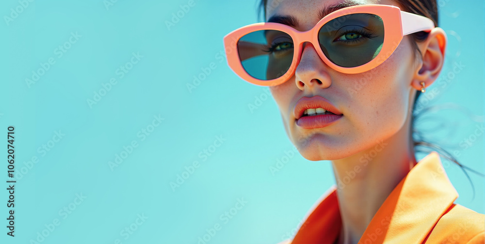 Young woman wearing stylish oval shaped glasses on light blue background. Copy space. AI generative. Young woman wearing stylish oval shaped glasses on light blue background. Copy space. AI generative.