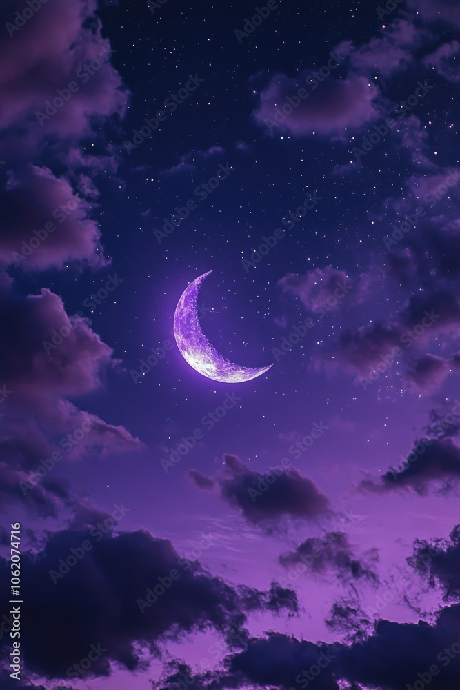 Fototapeta premium Night sky filled with clouds illuminated by the moon and stars, with a cityscape in background. Dreamy and serene atmosphere.