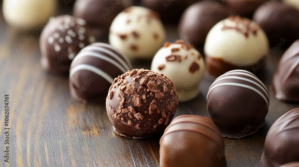 Close-up of assorted chocolate truffles on a rustic wooden surface. Close-up of assorted chocolate truffles on a rustic wooden surface.