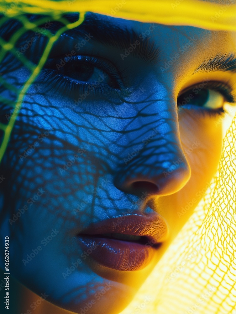 Up close face of a woman with blue and yellow lights