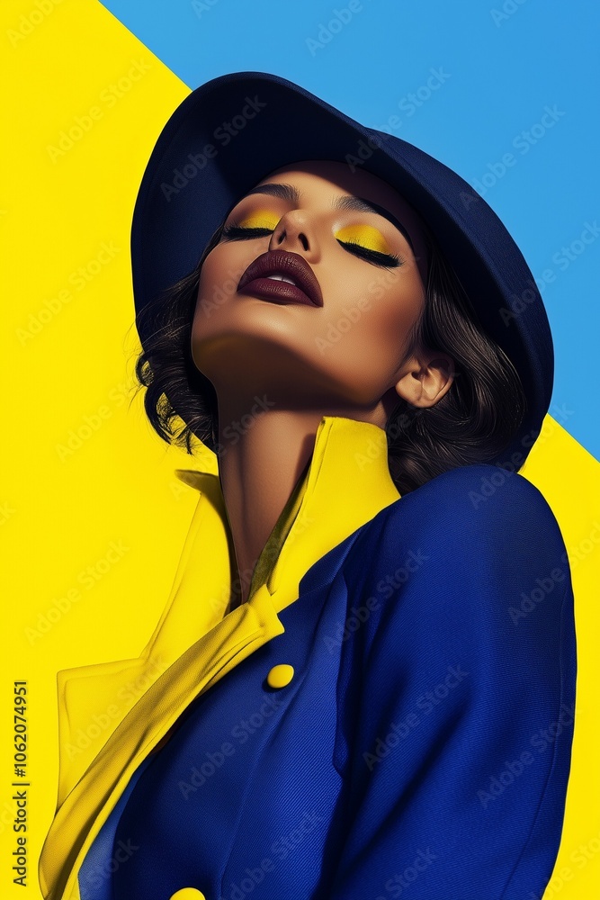Portrait of a woman in a dark hat wearing blue and yellow outfit on a yellow and blue background