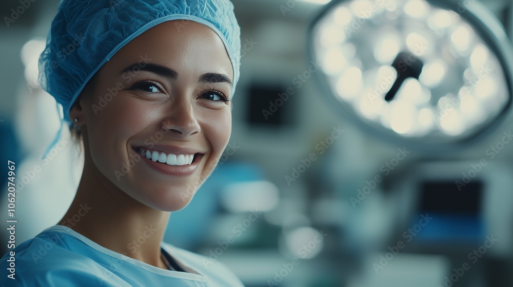 A female medical worker in a hospital with blurry background