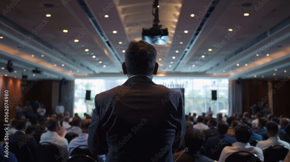 Fototapeta premium An audience and speaker in a conference room setting.