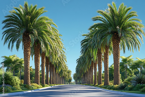 Tall palm trees lining a road in classic Beverly Hills style, with vibrant green leaves against a blue sky, capturing the essence of a luxurious California neighborhood.
