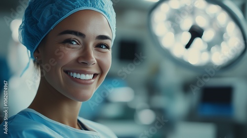 A female medical worker in a hospital with blurry background