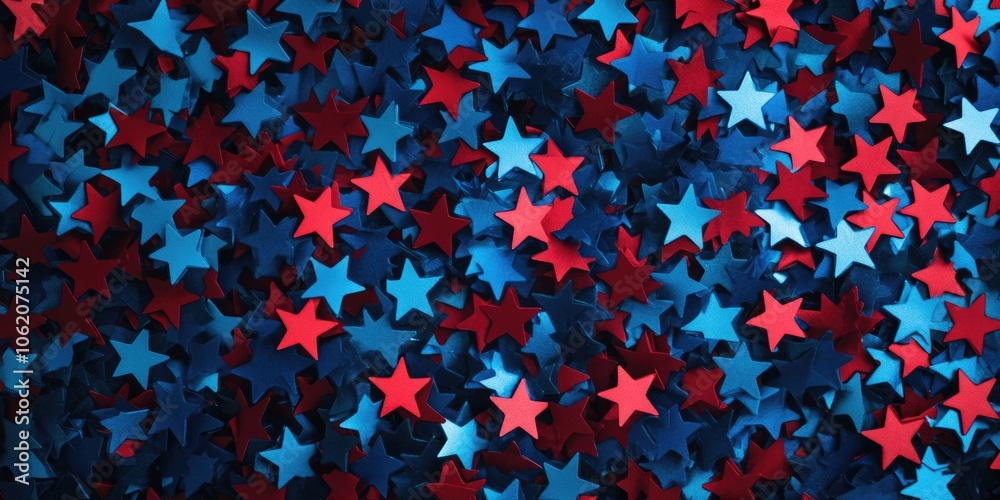 Close-up image of red, white, and blue confetti stars on a gray background, evoking the celebratory atmosphere.
