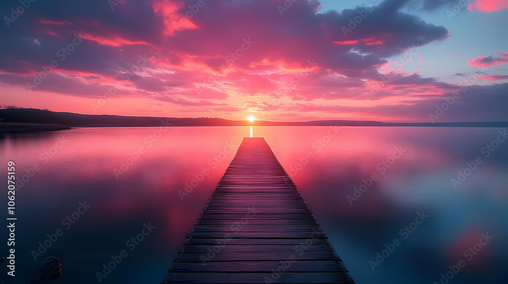 Naklejka premium Sunset over Calm Water with Pier - Illustration