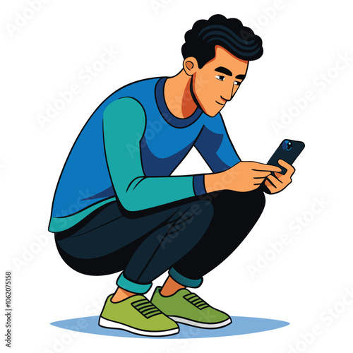 portrait of a guy who is squatting with a phone