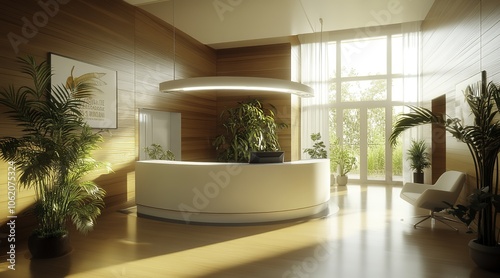 An elegant and modern reception area designed for an aesthetic clinic, featuring minimalist curved walls and stylish white furniture complemented by warm wood paneling and greenery. 