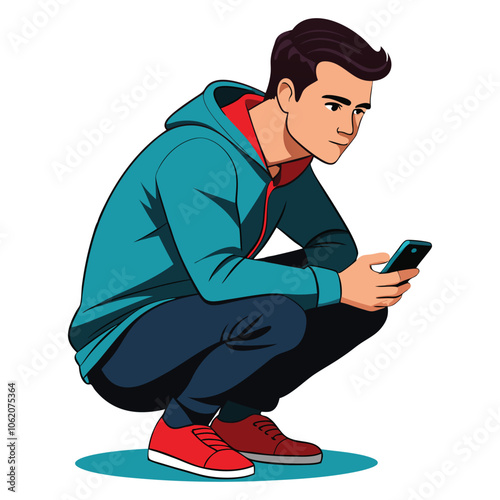 portrait of a guy who is squatting with a phone