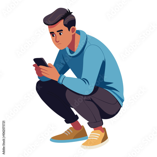 portrait of a guy who is squatting with a phone