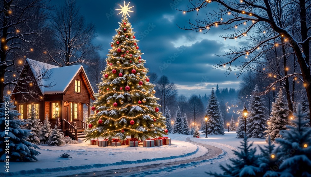 Naklejka premium A Beautiful Winter Evening With a Decorated Christmas Tree Near a Cozy Cabin in the Woods