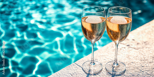 Deux coupes de champagne au bord de la piscine