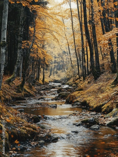 Autumn forest with creek, misty morning, vibrant leaves on trees and ground.