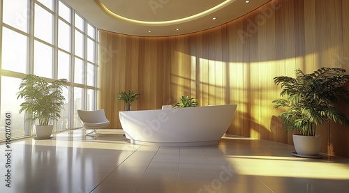 An elegant and modern reception area designed for an aesthetic clinic, featuring minimalist curved walls and stylish white furniture complemented by warm wood paneling and greenery. 