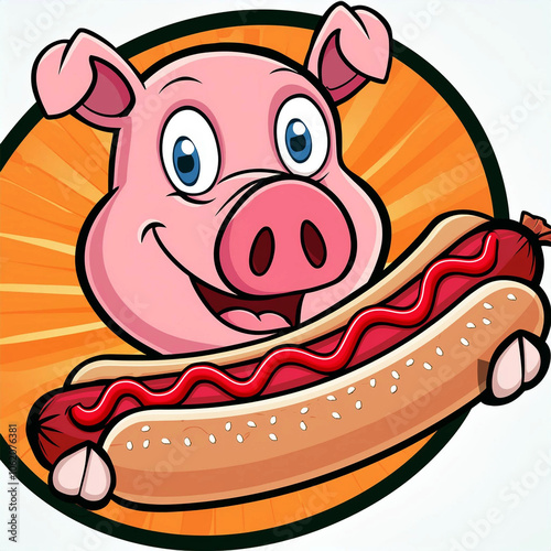Cartoon pig eating a hotdog with ketchup, illustration.