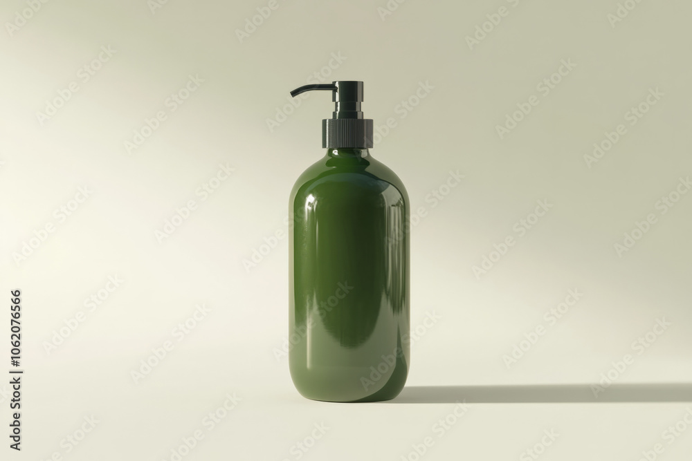 A green pump bottle standing elegantly against a soft beige background A green pump bottle standing elegantly against a soft beige background