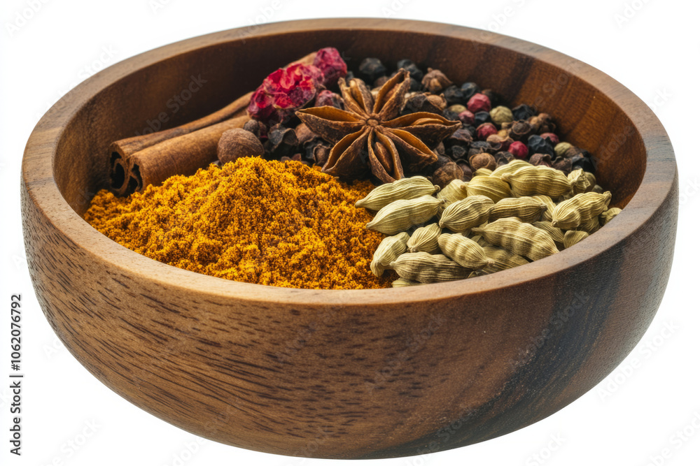 A collection of aromatic spices in a wooden bowl displayed for culinary use
