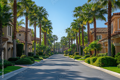 Tall palm trees lining a road in classic Beverly Hills style, with vibrant green leaves against a blue sky, capturing the essence of a luxurious California neighborhood.
