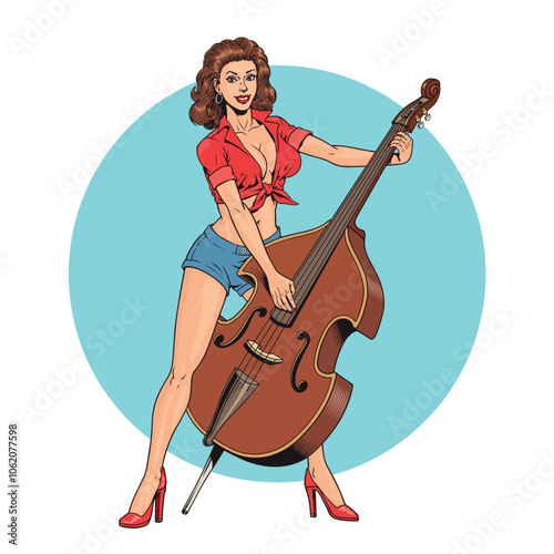 Girl musician playing the double bass or contrabass isolated on the white background. Hand drawn retro pinup style vector illustration