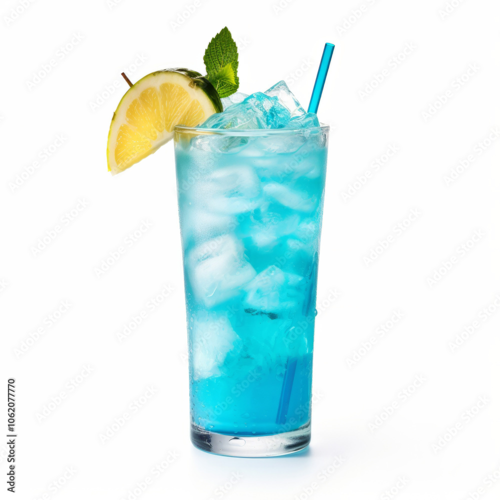 Refreshing blue drink served in a tall glass with ice and lemon slice Refreshing blue drink served in a tall glass with ice and lemon slice