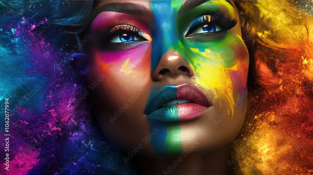 A striking portrait of an adult artistically adorned in vibrant colors and Pride symbols, capturing the spirit of diversity and empowerment during the celebration of love. A striking portrait of an adult artistically adorned in vibrant colors and Pride symbols, capturing the spirit of diversity and empowerment during the celebration of love.