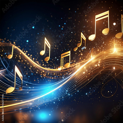 Gold and blue music notes with shiny particles on a black background.