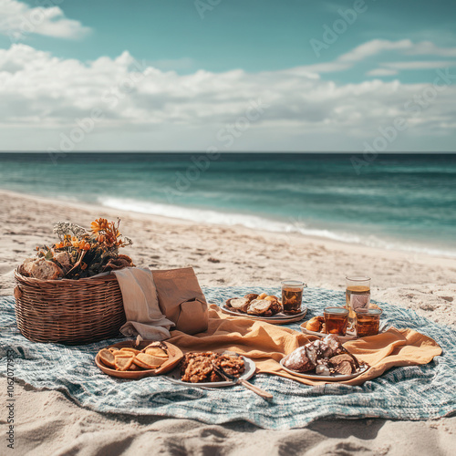 relax atmosphere luncheon full food picnic basket table mat on the sunny beach 