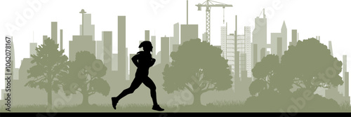 Vektor Silhouette - Mann ist im Stadtpark am Joggen - Bewegung in der Stadt zum Stressabbau für die Gesundheit - Parkanlage mit Bäumen und Büchen - Laufwege