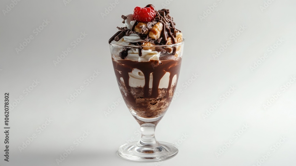 A stunning chocolate parfait served in a clear glass, set against a bright white background to highlight its creamy layers and toppings. A stunning chocolate parfait served in a clear glass, set against a bright white background to highlight its creamy layers and toppings.