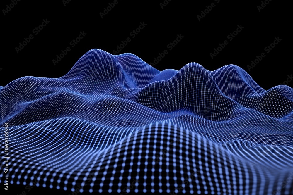 3D wireframe landscape, digital grid terrain in blue tones 3D wireframe landscape, digital grid terrain in blue tones