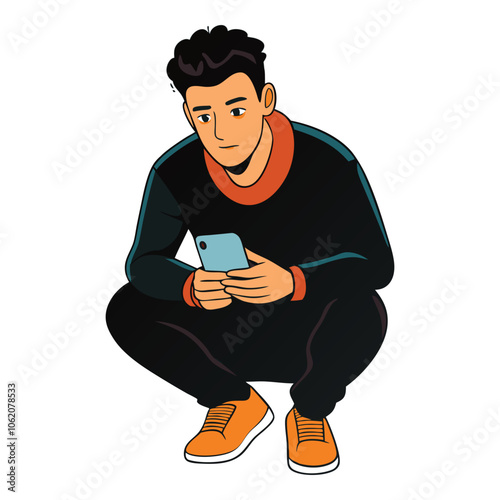 portrait of a guy who is squatting with a phone