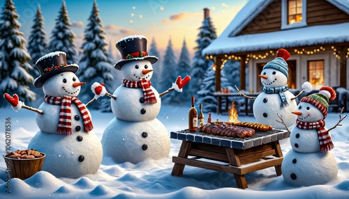 Cheerful Snowmen Grilling in Winter Wonderland Near Cozy Cabin During Sunset