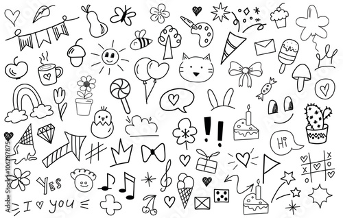 Set of cartoon hand drawn doodle elements. Crowns, rainbow, hearts, stars, flowers, sparkles, arrows, lightnings, smiley, signs, funny design elements іsolated on white background. Line art. 