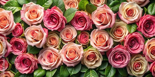 Background of long shot roses and leaves in a field of flowers