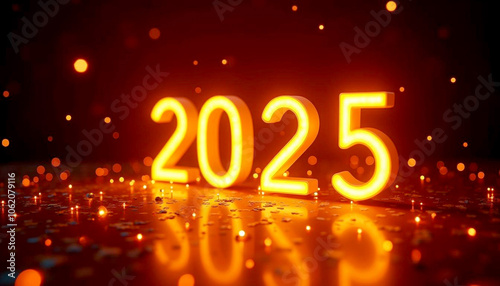 Happy New Year 2025 design, Neon “2025” numbers glowing on a dark background, surrounded by neon confetti and light sparkles, giving it a trendy, stylish vibe