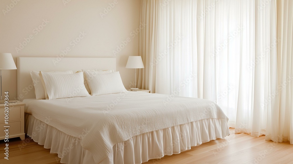 Cozy bedroom with white bedding and natural light from sheer curtains. Cozy bedroom with white bedding and natural light from sheer curtains.