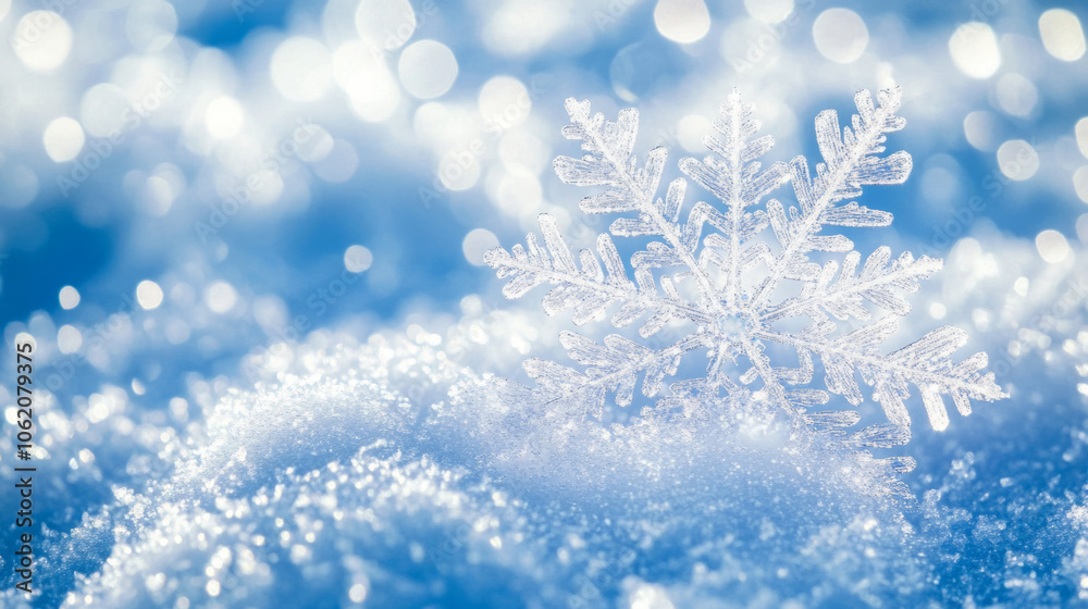 Delicate snowflake resting on soft snow background in winter's embrace Delicate snowflake resting on soft snow background in winter's embrace