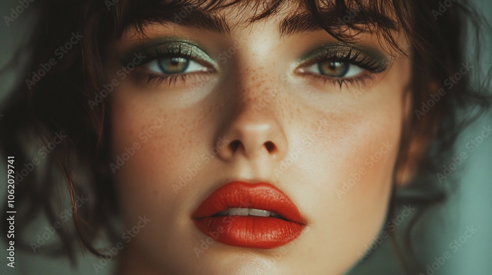 Close-up portrait of a woman with green eyeshadow and red lipstick. Close-up portrait of a woman with green eyeshadow and red lipstick.
