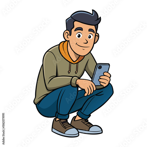 portrait of a guy who is squatting with a phone