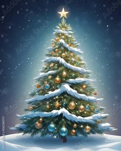 Christmas tree background illustration featuring vibrant green branches adorned with colorful ornaments, sparkling lights twinkling brightly, decorated with shimmering garlands, all set against a soft