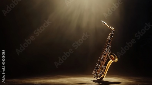 A golden saxophone is sitting on a stage in the dark. The light shining on it creates a warm and inviting atmosphere