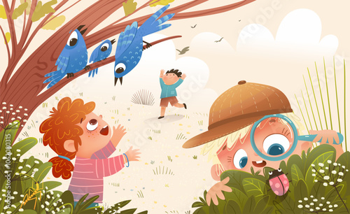 Little kids play in forest and study nature environment. Boy watch bugs with magnifying glass. Girl watching Birds. Children education and learning nature animals and biology. Vector illustration.